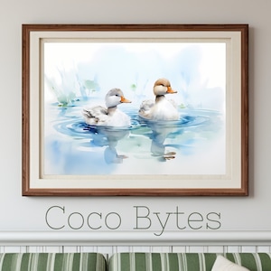 Duck Wall Art, Watercolor Duck Art, Ducks On A Pond, Baby Ducks Painting, Duck Watercolor, Baby Nursery Decor, Printable Wall Art