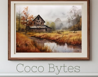 Rustic Barn Art, Fall Wall Decor, Country Barn Decor, Autumn Wall Art, Autumn Landscape Art, Digital Print, Country Landscape Wall Art
