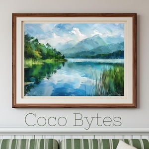 Lake Reflection Digital Art – Watercolor-Style Pond & Mountain Landscape | Nature Printable Wall Art for Home, Office, or Cabin Decor