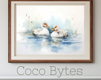 Duck Wall Art, Watercolor Duck Art, Ducks On A Pond, Baby Ducks Painting, Duck Watercolor, Baby Nursery Decor, Printable Wall Art