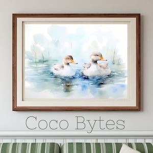 Duck Wall Art, Watercolor Duck Art, Ducks On A Pond, Baby Ducks Painting, Duck Watercolor, Baby Nursery Decor, Printable Wall Art