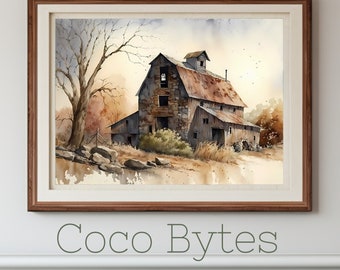 May include: Watercolor painting of a rustic barn with a weathered stone exterior and a rusty metal roof, set against a backdrop of a bare tree and warm, autumnal hues. The artwork is framed in a dark wooden frame, with the text "Coco Bytes" at the bottom.