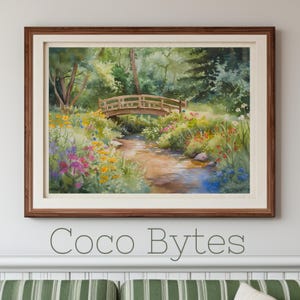 Sommergarten Brücke Aquarell Landschaft , Herbst 2019 Download | Ruhige Natur Wandkunst für Cottage oder Büro Dekor
