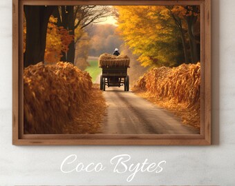 Autumn Hay Ride Wall Art, Fall Wall Décor, Country Road Home Décor, Country Landscape, Autumn Landscape, Digital Download and Print
