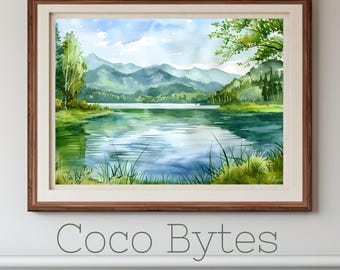Mountain Lake Watercolor Print – Digital Download of Serene Forest & Pond Landscape | Nature Wall Art for Home, Office, or Cabin Decor