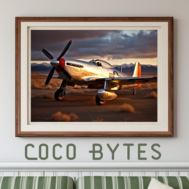 May include: A silver and red vintage airplane, a P-51 Mustang, is parked on a desert runway with a mountain range in the background. The sky is cloudy with a sunset in the distance.