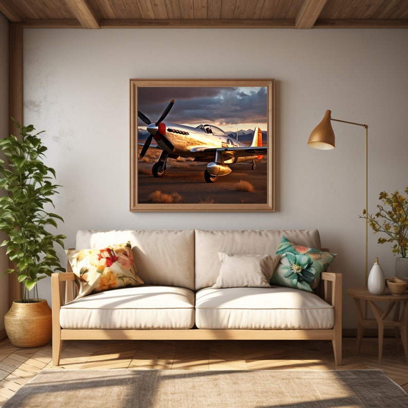 May include: A framed photograph of a silver airplane with red accents, flying over a desert landscape. The airplane is in focus, while the background is blurred. The photograph is hanging on a wall in a living room setting.