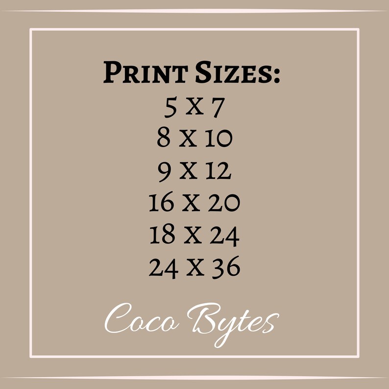 May include: A list of print sizes for photos, including 5x7, 8x10, 9x12, 16x20, 18x24, and 24x36. The text "Coco Bytes" is at the bottom of the list.