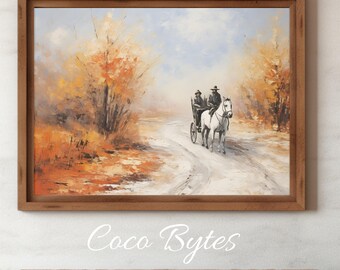 Fall Wall Decor, Country Road and Autumn Decor, Autumn Landscape, Digital Download, Country Landscape, Horse and Buggy Wall Art, Vintage
