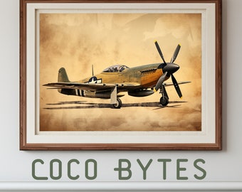 Sztuka ścienna z motywem lotnictwa, P-51 Mustang, Sztuka ścienna z samolotem, Świetny pomysł na prezent świąteczny, Wystrój domu w stylu retro, Sztuka ścienna w stylu retro, Drukowana sztuka ścienna z samolotem