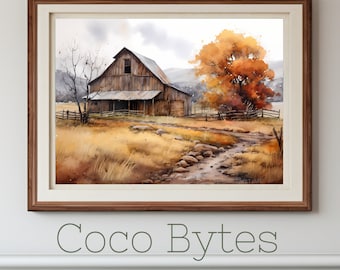 Rustic Barn Art, Fall Wall Decor, Country Barn Decor, Autumn Wall Art, Autumn Landscape Art, Digital Print, Country Landscape Wall Art