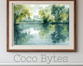 Tranquil Forest Pond Watercolor – Serene Green Landscape Digital Download | Nature Reflection Printable Art for Home or Office Decor