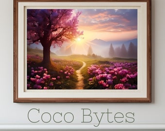 Spring Fantasy Landscape, Serene Landscape Children's Wall Art, Digital Download and Print, Pink Flowers in Country Landscape, Printable Art