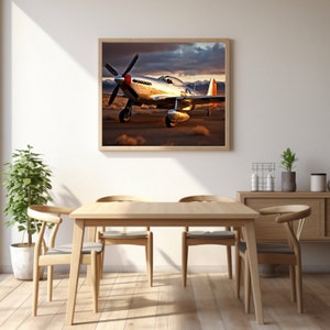 May include: A framed photograph of a silver airplane with red accents, flying over a desert landscape. The airplane is in focus, while the background is blurred. The photograph is set against a white wall in a dining room setting.