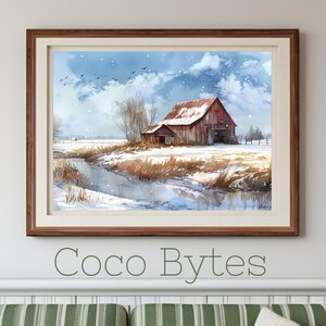 Peut inclure: Peinture à l'aquarelle d'un paysage hivernal avec une grange rouge et un toit enneigé. Un ruisseau traverse un champ enneigé, avec des arbres dénudés et un ciel nuageux. L'œuvre est encadrée dans un cadre en bois marron. Le texte "Coco Bytes" est en bas.