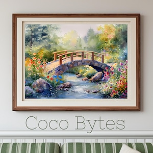 Frühlingsbrücke Aquarell Druck - Digitaler Download der Garten Bachlauf | Florale Natur Kunst für Haus, Büro oder Cottage Decor