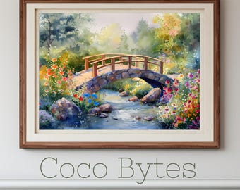 May include: Watercolor painting of a stone bridge over a stream, surrounded by colorful flowers and lush greenery. The artwork is framed in a brown wooden frame and features the text "Coco Bytes" at the bottom.
