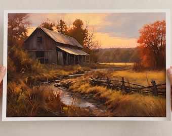 May include: A rectangular art print depicting a rustic wooden barn situated beside a winding stream in a rural landscape. The scene features golden autumn foliage, a weathered wooden fence, and a warm sunset sky with orange and yellow hues.