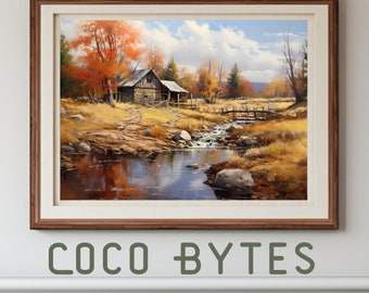 Rustic Shack Art, Fall Wall Decor, Old Country House Decor, Autumn Wall Art, Autumn Landscape Art, Digital Print, Country Landscape Wall Art