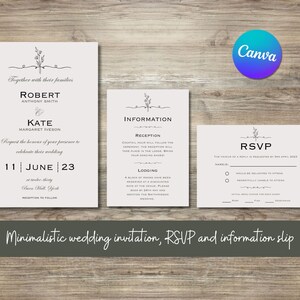 Elegant minimalistic wedding invitation template, printable, RSVP and information slips included, Canva, Editable.