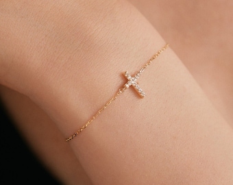 14K Solid Gold Diamond Cross Bracelet | Pave Cross Bracelet for Women | Christian Faith Bracelet | 14k Cross Jewelry | Baptism Gift for Her