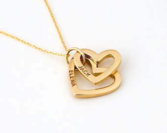 Collier gravé double coeur en or massif 14 carats | Collier prénom deux coeurs pour femme | Collier coeurs entrelacés personnalisé | Cadeau pour couple