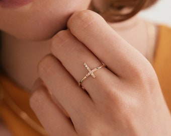 Diamond Cross Ring for Women in 14k Solid Gold | 14k Real Cross Ring | Diamond Cross Wedding Band | Pave Cross Ring | Dainty Christian Gift