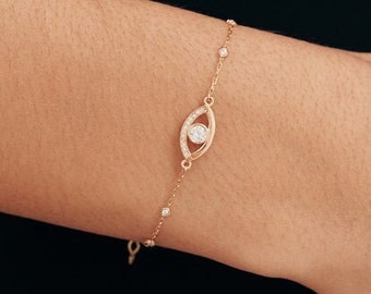 Evil Eye Station Bracelet in 14K Solid Gold | Evil Eye Bracelet for Women | 14k Gold CZ Yard Bracelets | Good Luck Bracelet | Evil Eye Charm