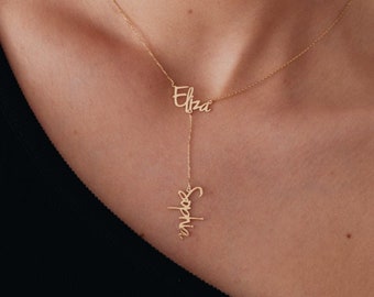 14K Solid Gold Custom Name Lariat Necklace | Personalized Name Y Necklace for Women | 14K Real Gold Personalized Jewelry | Custom Gift