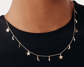 14k Gold Moon and Star Station Necklace  | Dangling Crescent Moon Necklace | Dainty Layering Necklace | Moon & Star Choker | Everday Jewelry