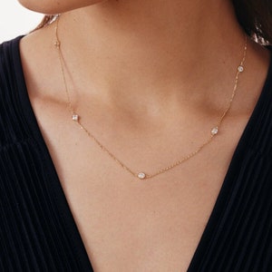 14K Solid Gold CZ Bezel Station Necklace Dainty Cubic Zirconia Necklace By the Yard Choker Necklace for Women 14K Real Gold Jewelry image 1