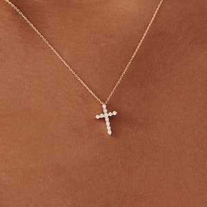 14K Solid Gold Diamond Cross Pendant Necklace | Dainty Christian Necklace for Women | 14K Real Gold Religious Jewelry | Christian Gifts