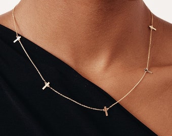 14K Solid Gold Bar Station Necklace for Women | Dainty Stick Station Necklace | 14K Gold Necklace | 14K Real Gold Jewelry | Gift for Her