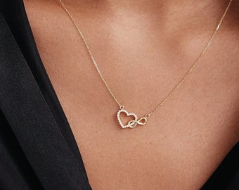 Diamond Infinity Heart Necklace in 14K Solid Gold | Interlocking Infinity Heart Necklace for Women