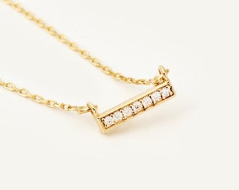 14K Solid Gold Diamond Tiny Bar Necklace for Women | Dainty Diamond Pave Bar Necklace | 14K Real Gold Diamond Jewelry | Gift for Her