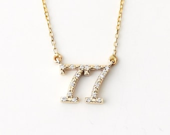 Diamond Number Necklace in 14K Solid Gold | 14K Gold Lucky Number Necklace | Custom Number Necklaces for Women