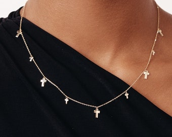 14K Solid Gold Cross Station Necklace for Women | 14K Gold Dainty Protection Necklace | 14K Real Gold Christian Jewelry | Christian Gifts