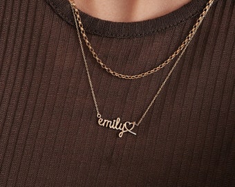 14K Solid Gold Handwriting Name Necklace | Heart Name Necklace | Bubble Name Necklaces | Lowercase Tubed Name Necklace