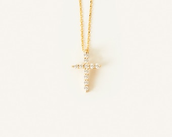 14K Solid Gold Diamond Cross Pendant Necklace: Dainty Christian Jewelry