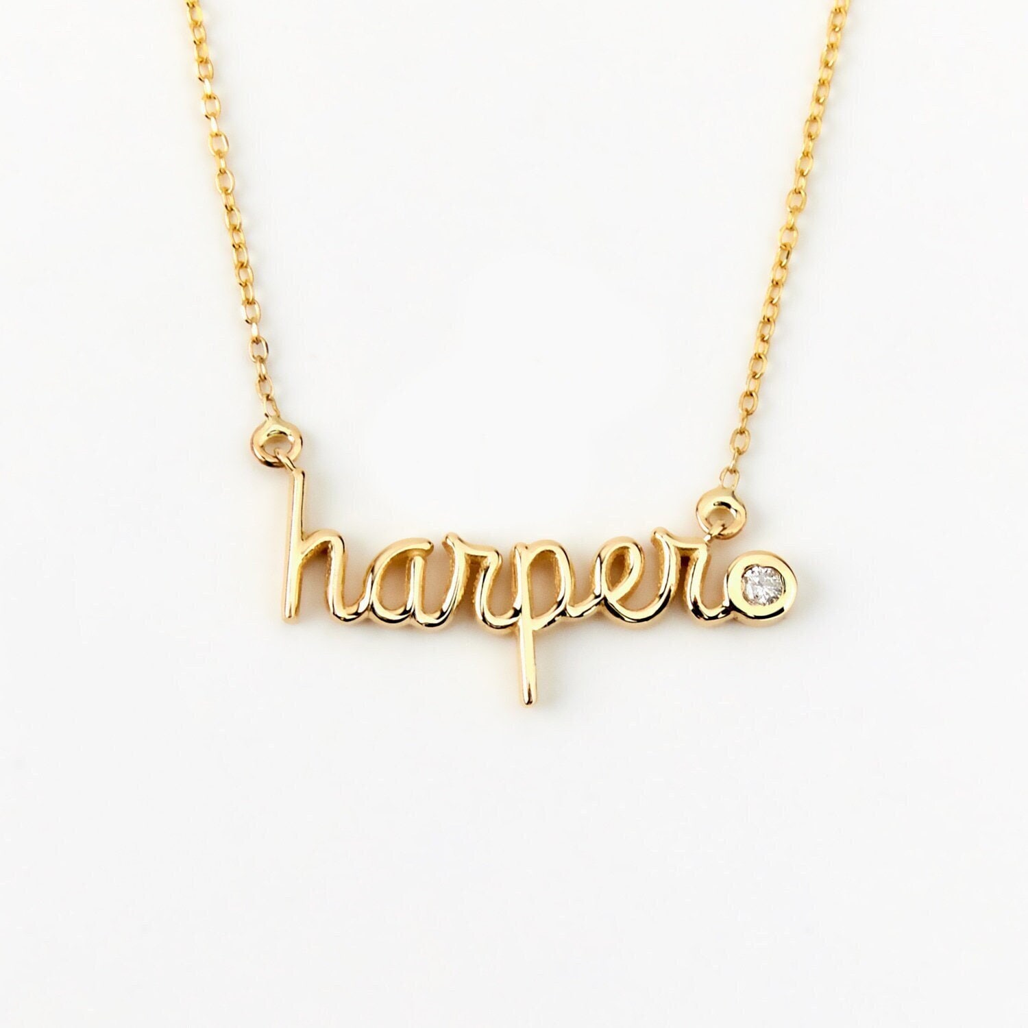 14K Solid Gold Diamond Name Necklace: Custom Bubble Letter Pendant