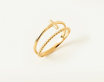 14K Solid Gold Cross Ring: Dainty Beaded Stackable Band
