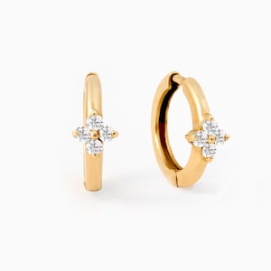 14K Solid Gold Diamond Flower Huggie Earrings: Dainty Mini Hoops