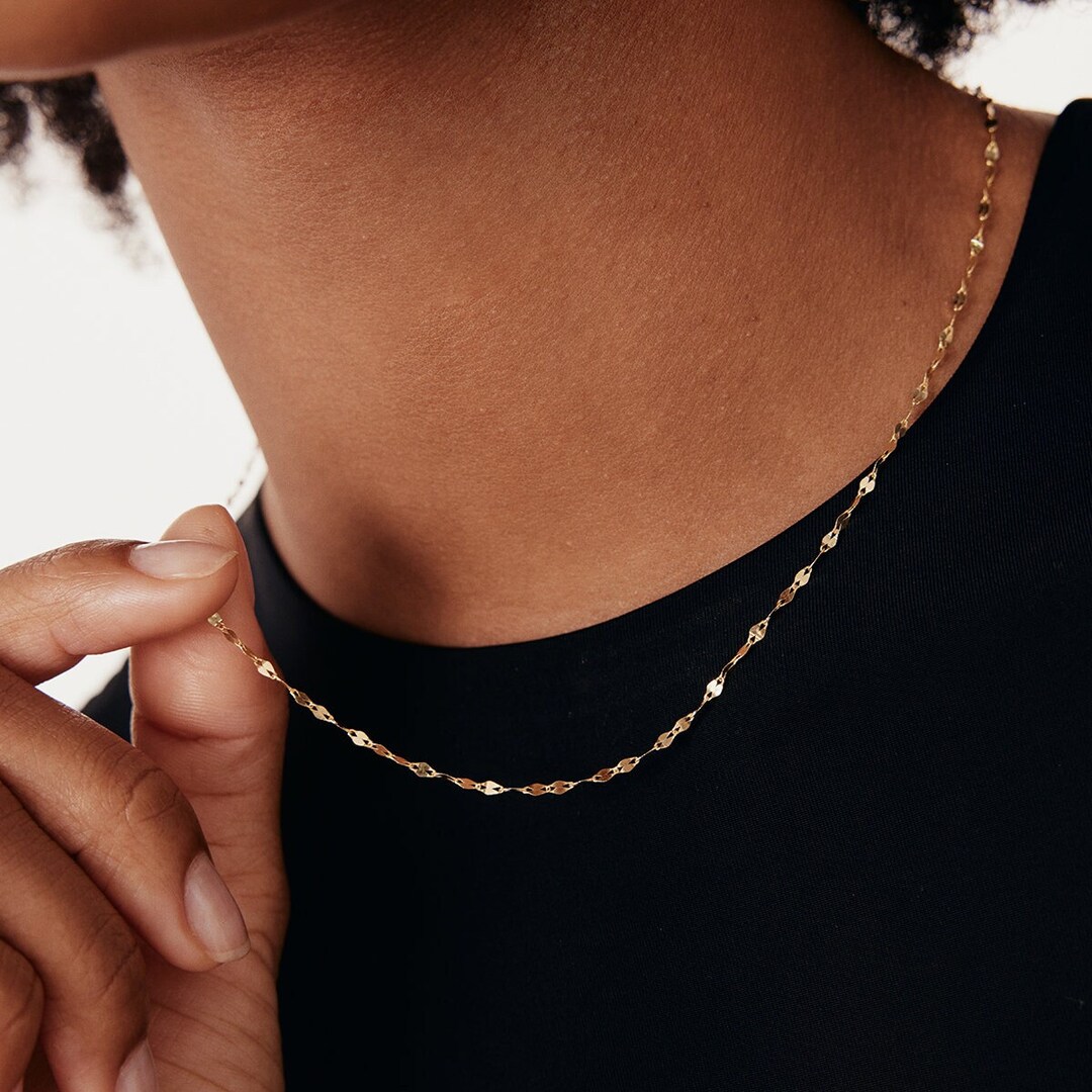 14K Solid Gold Mirror Chain Necklace for Women Dainty Glitter Chain