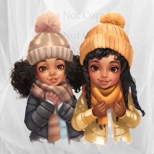 Schwarze Mädchen Clipart, 6 junge Frauen hohe Qualität PNG, digitaler Download, schwarze Mädchen Illustration, Kartenherstellung, Mixed Media, Papier Handwerk, Schnee