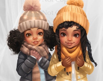 Black Girls Clipart, 6 Young Women High Quality PNG, Digital Download, Black Girl Illustration, Card Making, Mixed Media, Paper Craft, Snow