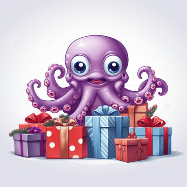 Purple Santa Octopus Clipart, 6 High Quality PNG, Digital Download, Card Making, Mixed Media, Digital Paper Craft, Watercolor Squid
