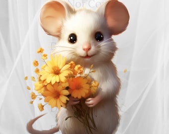 Mouse with Flowers Clipart, 10 PNG, Field Mouse, White Mouse, Daisy PNG, Flower PNG, Commercial Use, Easter Mouse, Digital Download, Farm