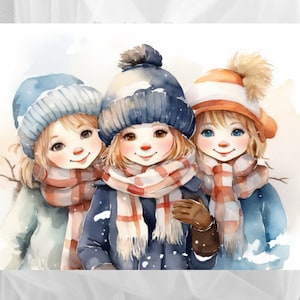 Winter Wonderland Clipart PNG, 7 süße Winter Engelchen, entzückende kleine Mädchen in Mützen, Handschuhen und Schals, süße kleine Mädchen in Wintermützen,