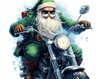 Zielony motocyklista Mikołaj Clipart: Akwarela PNG Grafika (Pobieranie Cyfrowe)