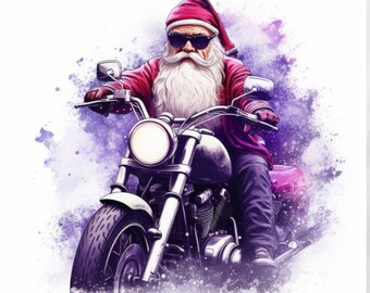 Fioletowy motocyklista Mikołaj Klipart: Akwarela PNG Grafika (Pobieranie Cyfrowe)